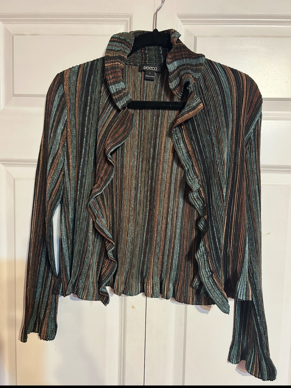 Veeca Striped Ruffle Open-Front Top in Teal & Brown